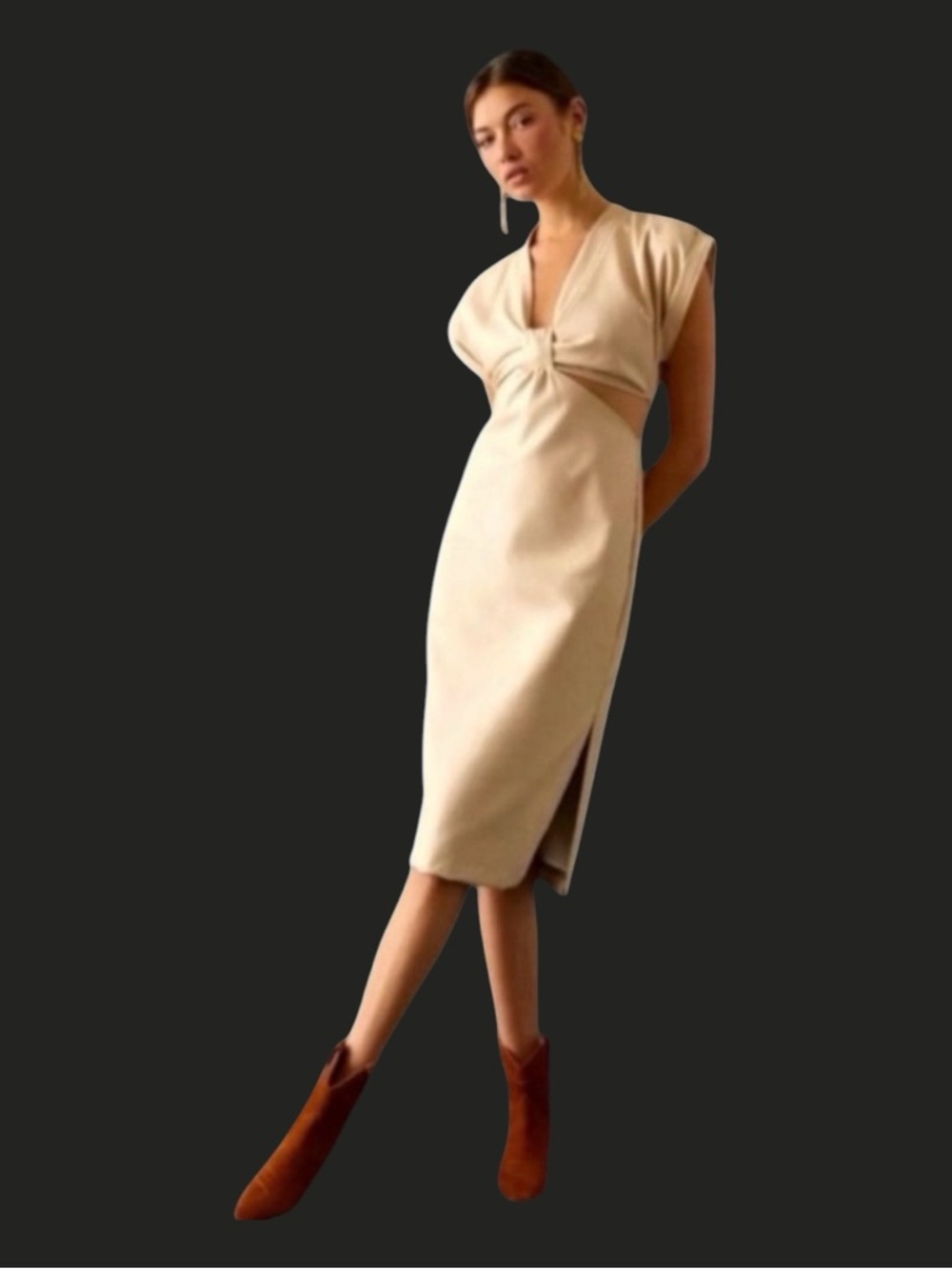 ANTHROPOLOGIE Eva Franco Vegan Leather Ivory Cutout Dress, Cap Sleeves, Size 6.